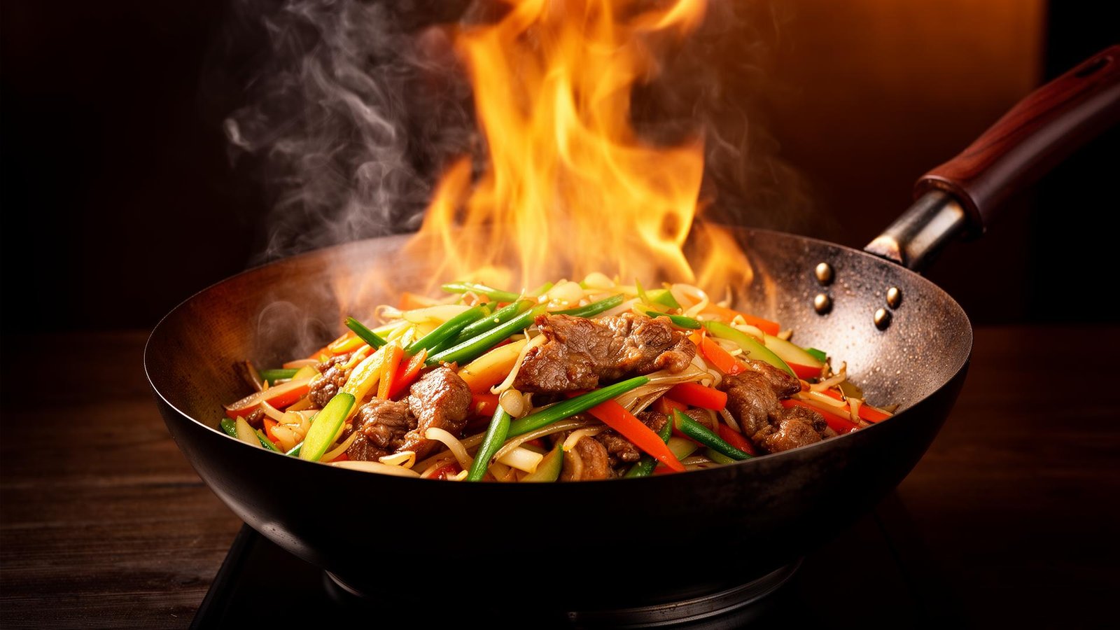 Sizzling wok with flames and fresh ingredients